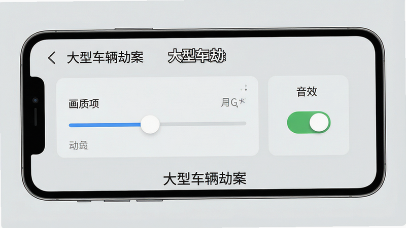 主体为手机屏幕显示游戏设置界面,布局简洁,左侧为画质选项滑块,右侧为音效开关,背景为浅灰色,排版规整,风格为现代UI设计,细节显示“大型车辆劫案”字样,画质清晰,干净无多余元素
