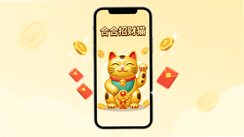 主体为一台悬浮在空中的智能手机,屏幕中显示着“合合招财猫”游戏界面,画面中央是一只金色的招财猫,周围漂浮着金币和红色红包,背景为柔和的淡黄色渐变,布局居中,排版简洁,风格为扁平化插画,细节处有光晕效果,画质高清,干净,无多余元素,文字“合合招财猫”居中显示