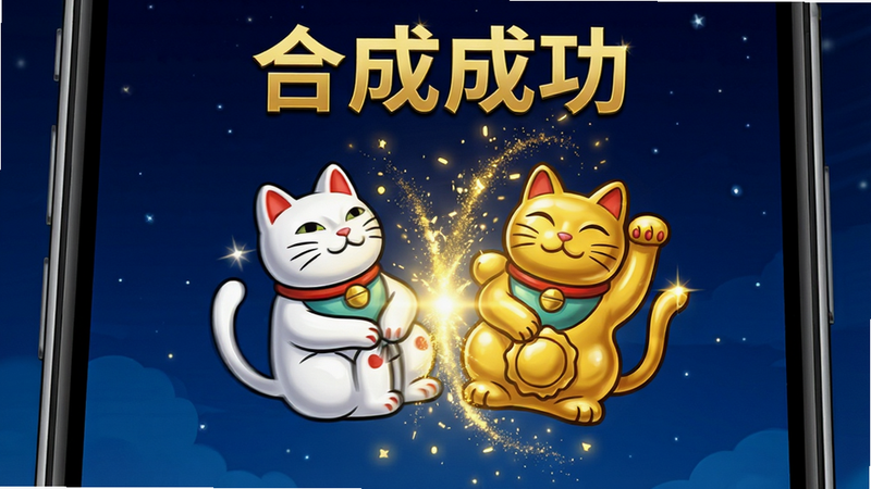 主体为手机屏幕特写,展示两个白色招财猫图标正在向中间移动合并,合并后出现一只金色招财猫,周围迸发出金色星光粒子,背景为深蓝色夜空,布局对称,排版聚焦于中心合成动作,风格为动态漫画风,细节丰富,画质锐利,干净,无多余元素,文字“合成成功”以金色字体显示在上方