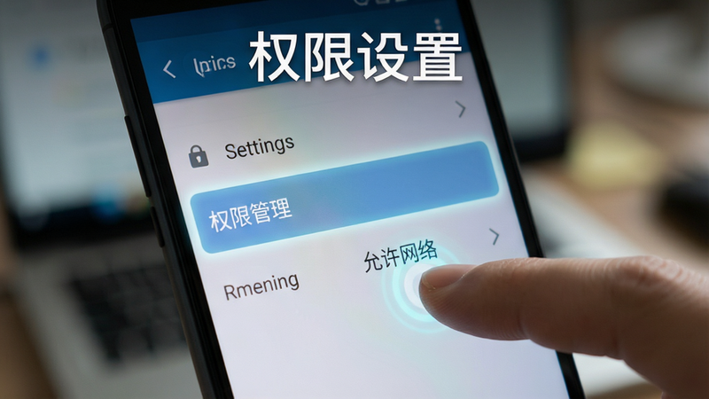 主体为一部安卓智能手机,屏幕显示设置界面,高亮显示“权限管理”选项,手指正点击“允许网络”按钮,背景模糊处理,布局清晰,排版简洁,风格为UI设计展示,细节处有触控反馈光效,画质清晰,干净,无多余元素,文字“权限设置”以白色字体显示在顶部