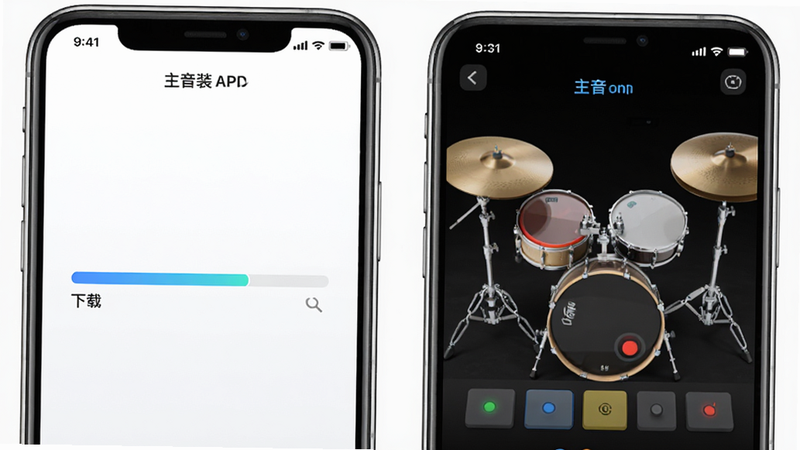 来音架子鼓APP安装界面与主界面拼接图,左侧显示下载进度条,右侧显示主界面鼓组按键,整体色调清新明亮,突出软件轻量化与易用性,手机边框为金属质感,背景为纯白渐变,简洁大方,无水印,高清渲染