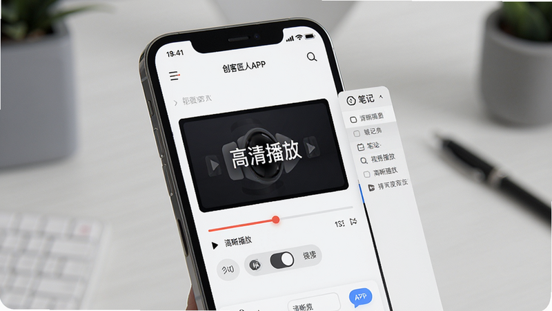 创客匠人学员版APP的视频播放界面预览,主体为手机屏幕,布局包含播放进度条、清晰度切换、笔记侧边栏,风格简洁现代,细节突出UI交互感,画质细腻,无杂乱元素,文字显示