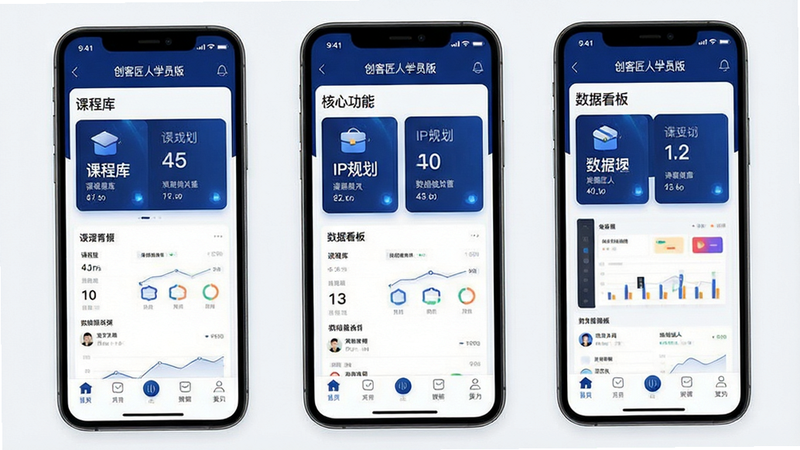 一张展示创客匠人学员版APP界面全景的高清UI设计图,主体为手机屏幕,布局清晰分为顶部导航、中部核心功能卡片(如课程库、IP规划、数据看板),底部菜单栏。风格为现代扁平化商务风,色调以深蓝色和白色为主,细节处有微光效,画质4k,干净无多余元素,文字显示为