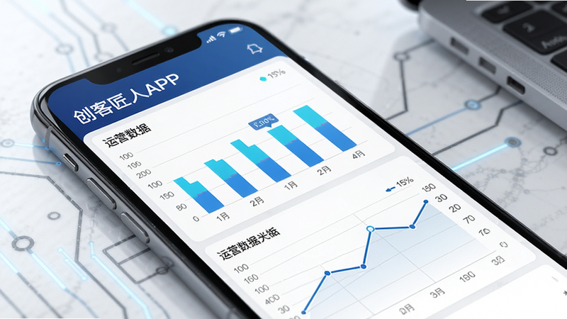 创客匠人学员版APP的数据分析界面展示,主体为手机屏幕,布局为柱状图与折线图组合,排版紧凑,风格商务科技,细节展示数据标签,画质高清,无多余装饰,文字标注