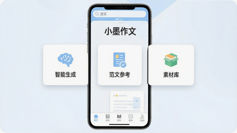 主体为一款名为“小墨作文”的手机应用界面截图,布局清晰,顶部显示搜索栏和标题“小墨作文”,中间展示三个功能模块卡片,分别标注“智能生成”、“范文参考”、“素材库”,底部有导航栏,风格为现代扁平化UI设计,色彩以白色和淡蓝色为主,细节处有柔和阴影,画质高清,干净无多余元素