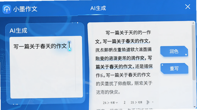 展示“小墨作文”应用中的“AI生成”界面,左侧为输入框,内有文字“写一篇关于春天的作文”,右侧为生成的文章片段,界面右侧有“润色”和“重写”按钮,风格简洁科技风,蓝色主色调,细节显示文字光标闪烁效果,画质清晰,无杂乱背景