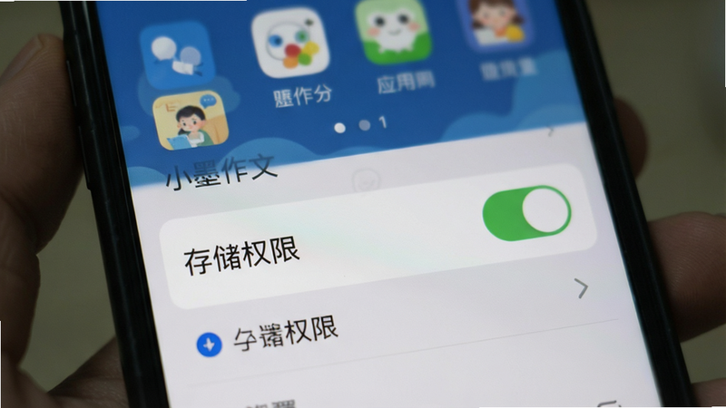 手机屏幕显示小墨作文应用设置界面,重点高亮显示“存储权限”开关已开启,背景模糊处理,突出操作焦点,风格清晰直观,画质高,无杂乱图标