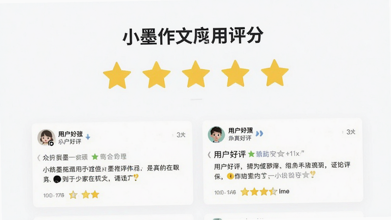 小墨作文应用评分界面预览,显示5星评分,下方有用户好评截图,风格简洁,色彩明亮,画质清晰,无水印