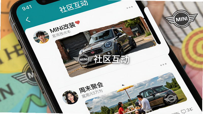 手机APP社区界面截图,显示多个用户头像和帖子列表,帖子标题涉及“MINI改装”和“周末聚会”,界面配色活泼,带有MINI品牌Logo水印,布局整齐,风格年轻化,细节生动,画质清晰,文字“社区互动”可见