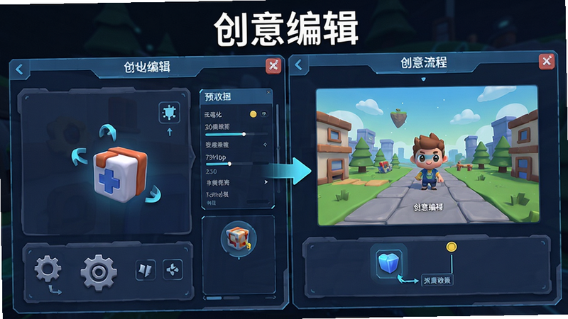 主体为关卡编辑器界面,布局为分屏操作,风格为科技感与卡通结合,细节展示拖拽道具、设置参数、预览效果的操作流程,画质高保真,干净,无多余元素,文字显示“创意编辑”