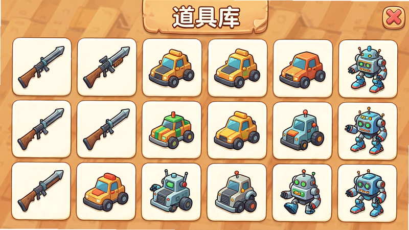 主体为道具仓库界面,布局为网格状陈列,风格为明亮清新的插画风,细节展示各种武器、车辆、机器人道具图标整齐排列,画质清晰,干净,无多余元素,文字显示“道具库”