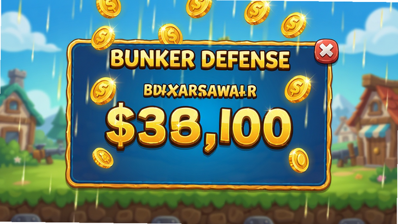 主体为 Bunker Defense 离线奖励弹窗,布局为屏幕中央,显示金币雨落下,排版突出奖励数字,风格为喜庆游戏风,细节表现金币光泽,画质明亮,干净,无多余元素