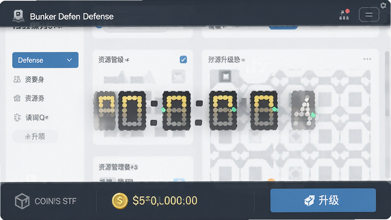 主体为 Bunker Defense 资源管理界面,布局为底部信息栏,显示金币数量与升级按钮,排版简洁,风格为UI设计,细节显示数字跳动效果,画质精致,干净,无多余元素