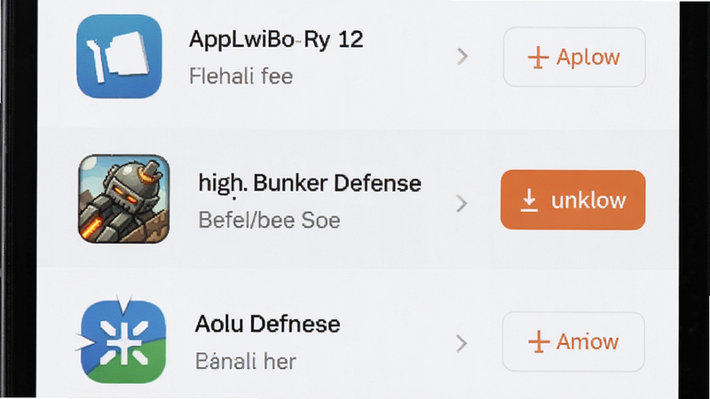 主体为手机卸载应用界面,布局为应用列表,高亮显示 Bunker Defense,排版清晰,风格为系统原生UI,细节显示卸载按钮,画质清晰,干净,无多余元素