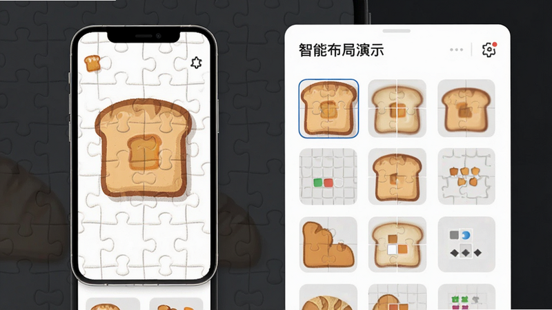 主体为面包拼图App的拼图布局演示,布局为左侧手机屏幕右侧功能面板,排版整齐,风格为现代UI设计,细节展示不同网格模板的选择,画质清晰,干净,无多余元素,文字