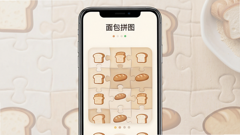 主体为面包拼图App的手机界面展示,布局为居中手机模型,排版清晰,风格为清新简约风,细节包含面包元素图标和拼图网格,画质高清,干净,无多余元素,文字