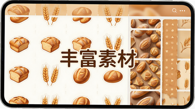 主体为面包拼图App的素材库界面,布局为网格状展示贴纸和背景,排版紧凑有序,风格为温暖色调,细节展示面包、麦穗等高清贴纸,画质细腻,干净,无多余元素,文字
