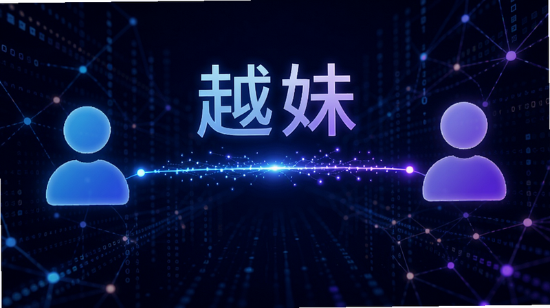 概念图展示两个抽象的人形图标通过一条发光的线条连接,背景是数据流组成的网络,中间浮现