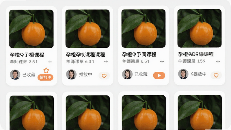 主体为孕橙APP课程列表页,布局为卡片式排列,每个卡片包含课程封面、标题与讲师头像,风格为专业教育风,细节展示“已收藏”与“播放中”状态,画质细腻,干净,无多余元素