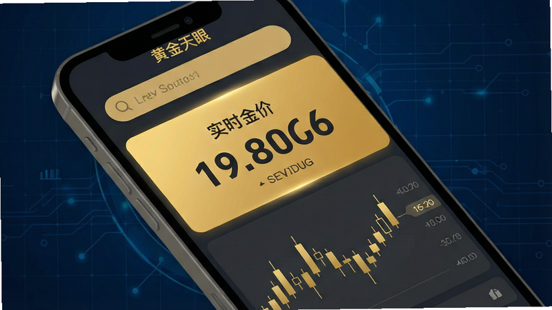 生成一张现代极简风格的金融应用界面示意图,主体为手机屏幕,显示“黄金天眼”APP首页。布局清晰,顶部为搜索栏,中部为实时金价大号数字展示,底部为简洁的K线图。背景为深蓝色科技感网格,突出数据可视化效果。风格扁平化,色彩以金色和深灰为主,细节处有微弱的光晕效果,画质4k,干净无多余元素,文字“黄金天眼”清晰可见。