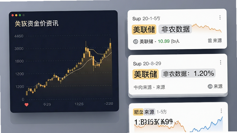设计一个资讯流界面预览,左侧是金价走势小图,右侧是新闻列表卡片。卡片上有关键词高亮显示,如“美联储”、“非农数据”。布局为左右分栏,风格简洁现代。细节包括时间戳和来源标识,画质清晰,字体排版工整,无多余水印,强调“资讯”与“聚合”的功能特性。