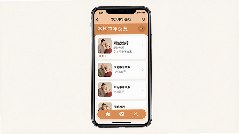 主体为本地中年交友APP界面全景展示,布局为手机竖屏界面,排版清晰,风格为温馨简约的扁平化设计,细节包含顶部导航栏、中间匹配列表卡片、底部功能按钮,文字包含