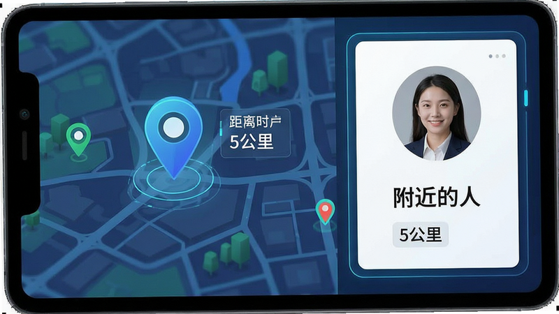 主体为地图定位与人物卡片结合的画面,布局左侧为简化地图背景,右侧为人物信息卡片,排版左右分栏,风格科技感与人文关怀结合,细节包含定位图标、距离显示、人物头像,文字包含