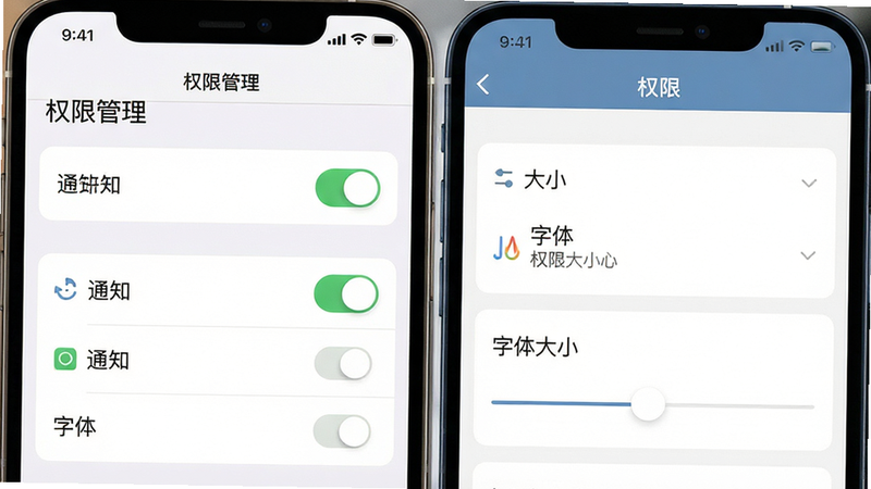 主体为手机设置界面与权限管理面板,布局为上下结构,排版清晰,风格为现代扁平化,细节包含权限开关、通知设置、字体大小滑块,文字包含