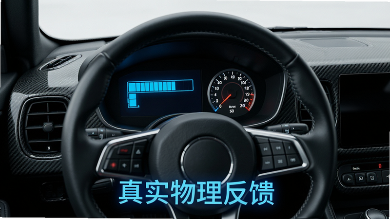 主体为驾驶舱内部视角,聚焦于方向盘和仪表盘,布局紧凑,仪表盘显示蓝色电量条和速度表,风格科技感,细节包括碳纤维内饰纹理,画质高清,干净,无多余元素,文字标注