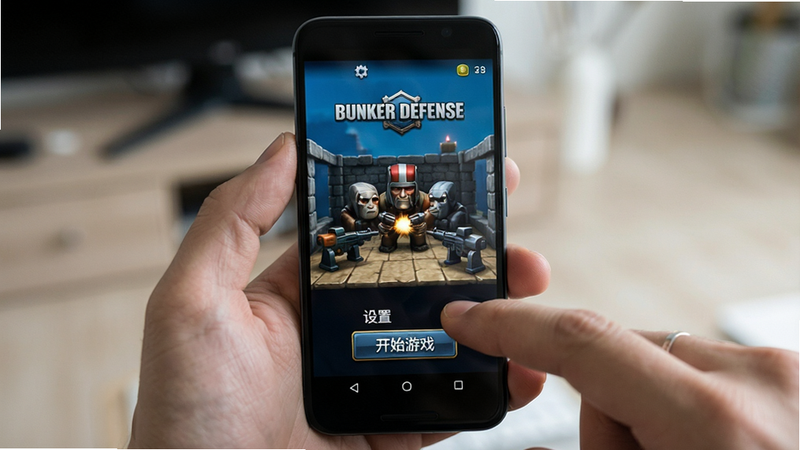 展示安卓手机屏幕界面,运行《Bunker Defense》游戏,布局为竖屏手持视角,排版清晰显示游戏主菜单和设置选项,风格为写实摄影结合游戏UI,细节展示手指点击屏幕的动作,画质真实,干净,无多余反光,文字显示“设置”和“开始游戏”按钮