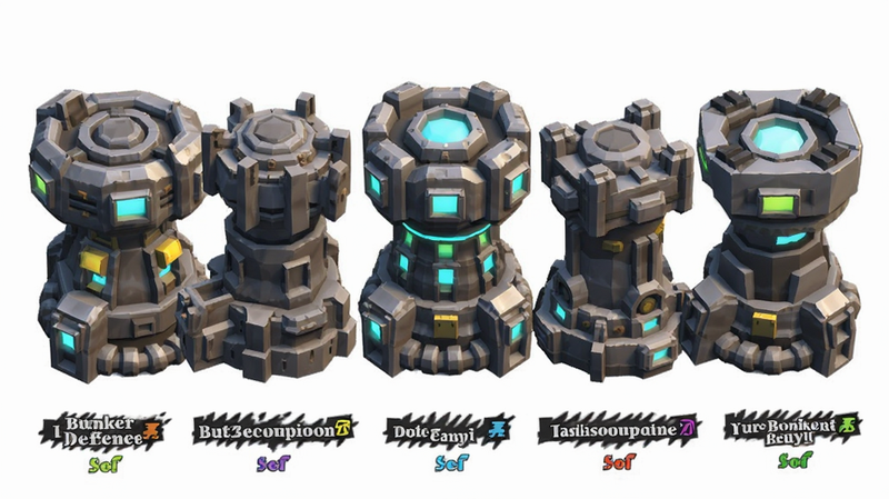 展示《Bunker Defense》中五种不同类型的防御塔特写,布局为横向排列,每座塔下方标注其名称和等级图标,排版整齐对称,风格为低多边形3D渲染,细节展示塔身的金属质感和发光部件,画质高,干净,无背景干扰,文字标签清晰可见