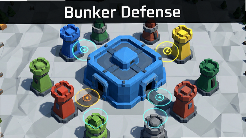 主体为游戏《Bunker Defense》的标志性低多边形风格地堡场景,布局中心是一座坚固的蓝色核心地堡,周围环绕着不同颜色的防御塔,背景是简洁的网格地图,排版呈现俯视视角,风格为现代极简主义与游戏UI结合,细节丰富显示塔的攻击范围指示线,画质清晰,干净,无多余元素,文字标注“Bunker Defense”居中显示,字体现代无衬线