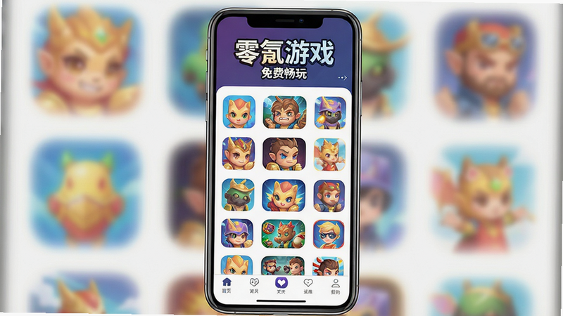 一张展示“零氪游戏”APP首页界面的高清UI设计图,主体为手机屏幕,显示着色彩鲜艳的游戏图标网格,顶部有醒目的“零氪游戏”Logo,底部是导航栏,布局整齐,排版简洁现代,扁平化风格,细节清晰,画质高,干净,无多余元素,文字包含