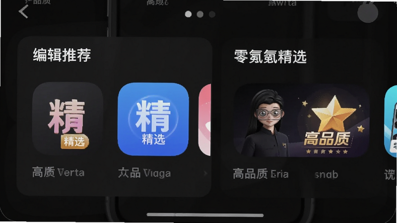 一个手机应用商店的界面截图,突出显示“编辑推荐”和“零氪精选”板块,图标设计精致,背景为深色模式,强调品质感,文字包含