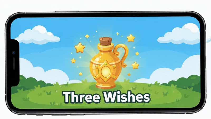 主体为手机屏幕特写,显示《Three Wishes》游戏主界面,背景是蓝天白云与绿色草地,中央有一个发光的金色许愿瓶,周围漂浮着星星特效,布局居中对称,排版清晰,风格为扁平化卡通插画,细节丰富,画质高清,干净无多余元素