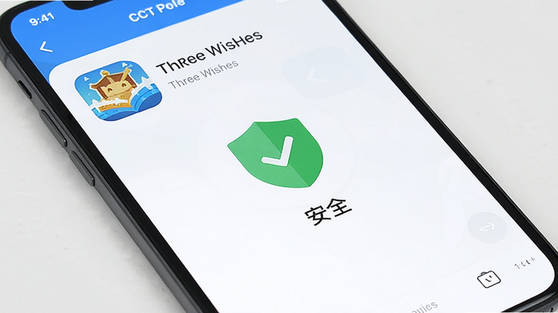 主体为手机安全扫描界面,显示《Three Wishes》应用图标,扫描结果为“安全”,绿色盾牌图标居中,布局简洁,排版整齐,风格为科技感UI,细节清晰,画质高清,干净无多余元素