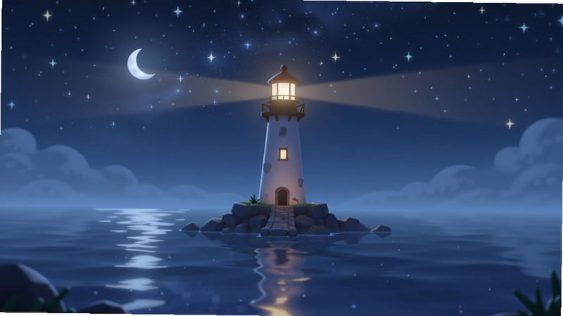 主体为游戏夜景关卡,星空下有一座发光的灯塔,周围是平静的海面与倒映的月光,布局对称平衡,排版优雅,风格为唯美数字绘画,细节柔和,画质高清,干净无多余元素