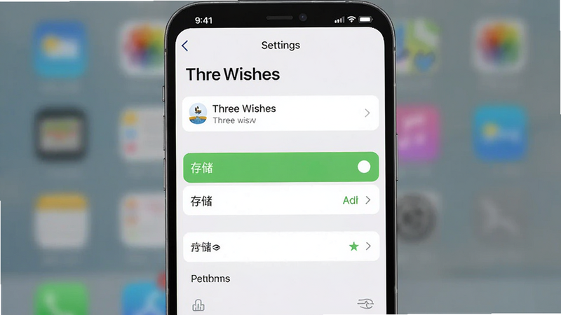 主体为手机设置界面截图,显示《Three Wishes》的权限管理页面,高亮显示“存储”权限为允许状态,背景模糊,布局清晰,排版标准,风格为UI设计图,细节准确,画质清晰,干净无多余元素