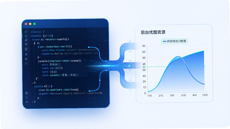 零果APP后台运行优化示意图,主体为代码流与资源图表结合,布局呈现数据流动感,风格科技感蓝色调,细节展示内存优化曲线,高清画质,干净背景,无多余元素