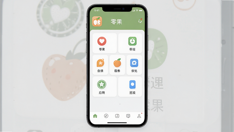 零果安卓应用界面整体预览,主体为手机屏幕显示零果APP主界面,布局简洁扁平化,顶部显示应用名称“零果”,中部展示核心功能图标网格,底部为导航栏,风格极简科技风,细节清晰无噪点,高清画质,干净背景,无多余装饰元素
