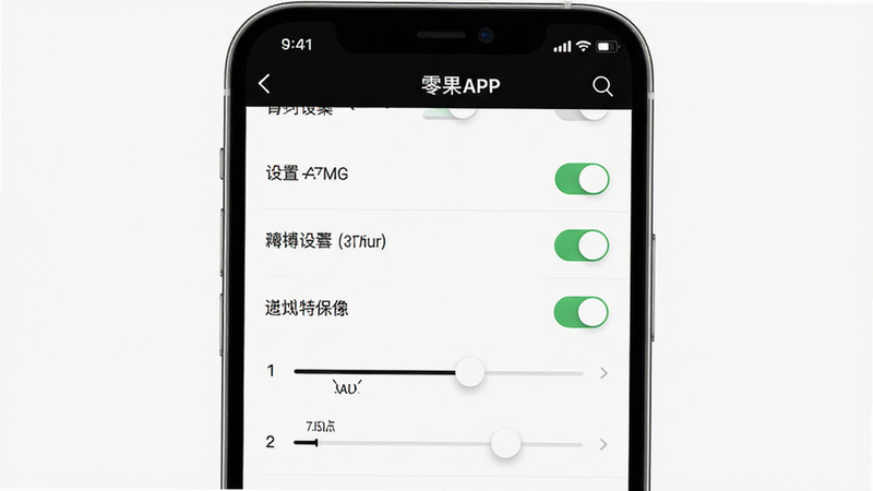零果APP设置界面预览,主体为手机屏幕显示设置选项列表,布局清晰有序,风格简约白底黑字,细节展示开关状态与滑动条,高清画质,干净背景,无多余元素