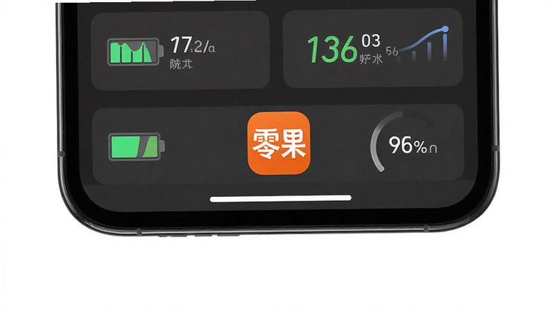 零果APP运行状态示意图,主体为手机底部状态栏与零果图标,布局聚焦于电池电量与内存占用极低的状态,风格极简数据可视化,细节展示流畅度指标,高清画质,干净背景,无多余元素