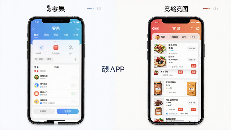 零果APP对比示意图,主体为手机屏幕左右分屏显示零果与竞品界面,布局对比鲜明,风格简洁对比图,细节突出零果的简洁与竞品的杂乱,高清画质,干净背景,无多余元素