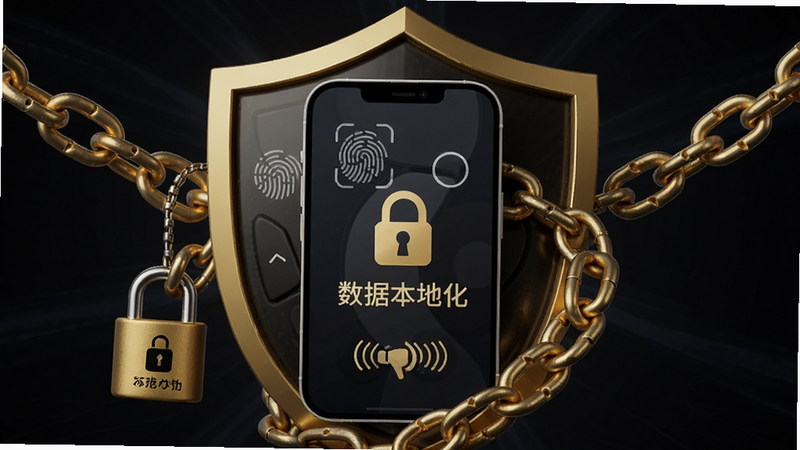 主体为全免私人专享高清播放器隐私安全概念图,布局为盾牌包裹手机屏幕,风格深色背景配金色锁链,细节展示指纹识别与本地存储图标,文字标注“数据本地化”,画质精致,无杂乱背景