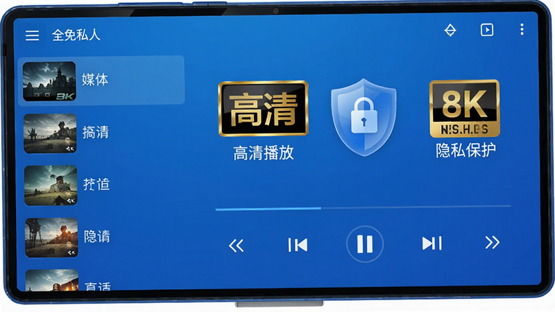 主体为全免私人专享高清播放器安卓应用界面,布局清晰,左侧为媒体列表,右侧为播放控制区,风格极简科技蓝,细节展示高清画质标识与隐私盾牌图标,文字标注“高清播放”“隐私保护”,画质8k,干净无多余元素
