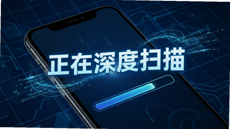 一划清理助手扫描过程示意图,手机屏幕显示进度条正在快速推进,背景为深蓝色科技网格,屏幕中央显示“正在深度扫描”字样,字体加粗高亮,周围有数据流线条特效,布局紧凑,风格专业,细节精致,画质高清,无多余装饰