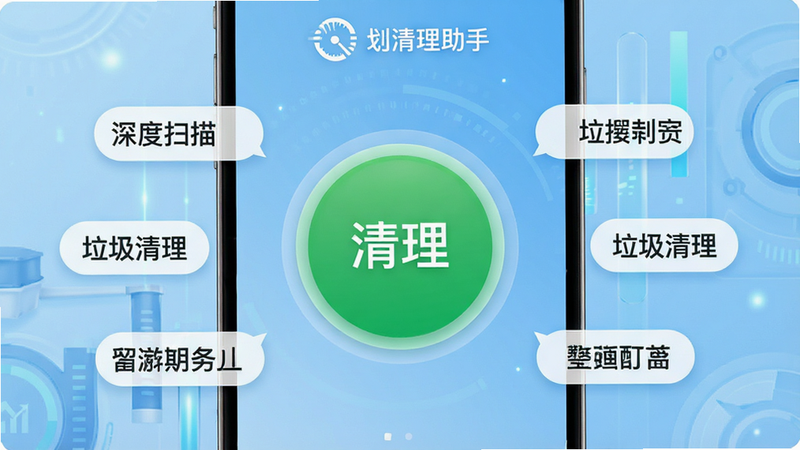 一张展示一划清理助手应用界面的高清预览图,主体为手机屏幕,背景为浅蓝色渐变科技风,布局清晰,中央显示一个巨大的绿色圆形清理按钮,周围环绕着“深度扫描”、“垃圾清理”等白色文字标签,排版简约现代,细节丰富,画质清晰,无多余元素