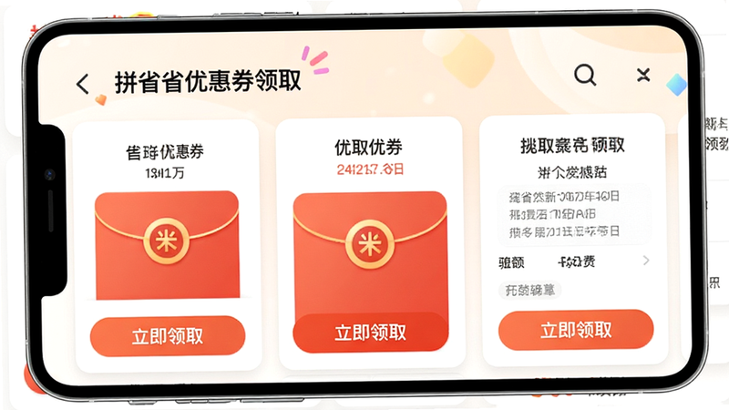 主体为拼省省优惠券领取界面,布局卡片式排列,排版紧凑,风格活泼,细节显示大额红包与“立即领取”按钮,画质细腻,干净,无多余元素