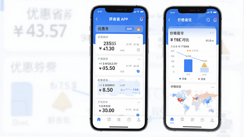 主体为拼省省APP手机界面,布局采用清新蓝白配色,排版整齐,风格现代简约,细节展示优惠券列表与价格对比图表,画质高清,干净,无多余元素