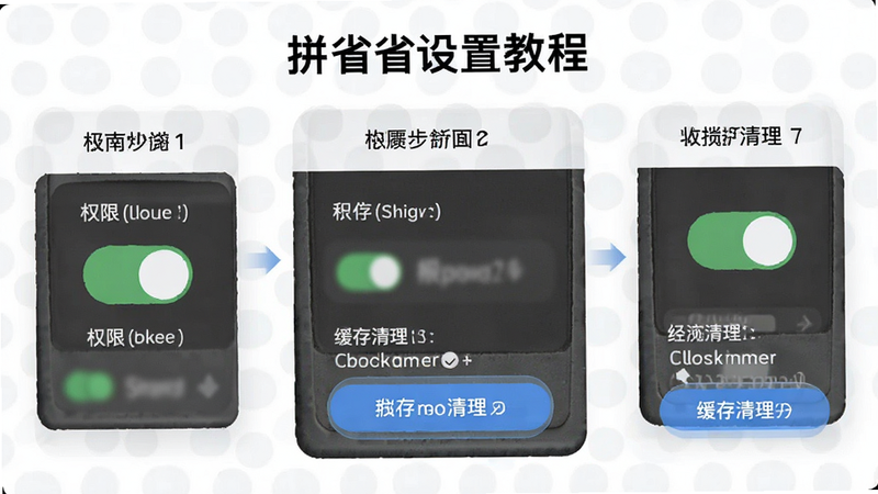 主体为拼省省设置界面教程图,布局步骤化,排版清晰,风格指南式,细节显示权限开关与缓存清理按钮,画质清晰,干净,无多余元素